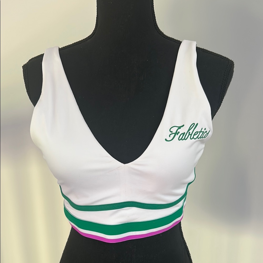 Fabletics White and Green Sleeveless Crop Tank Top